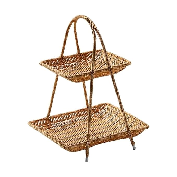 No.21 Heavy Rectangle Shaped Polyrattan Basket 2 Layer with Handle & Metal Wire 31x21x39cm - Walnut Brown