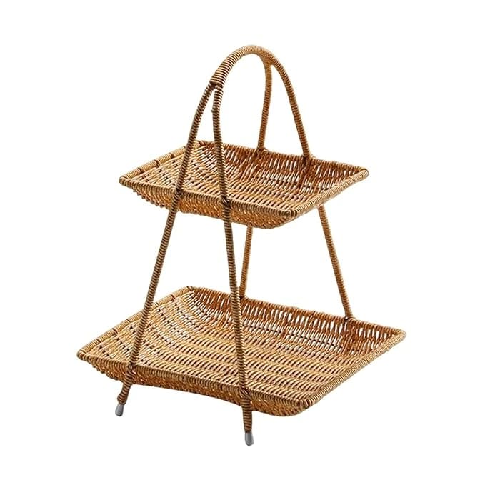 No.22 Heavy Square Shaped Polyrattan Basket 2 Layer with Handle & Metal Wire 24x39cm - Walnut Brown