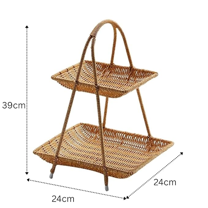 No.22 Heavy Square Shaped Polyrattan Basket 2 Layer with Handle & Metal Wire 24x39cm - Walnut Brown — view 2