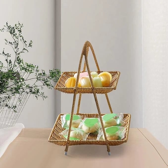 No.22 Heavy Square Shaped Polyrattan Basket 2 Layer with Handle & Metal Wire 24x39cm - Walnut Brown — view 3