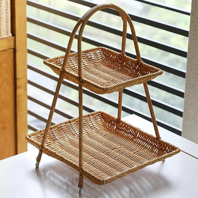 No.22 Heavy Square Shaped Polyrattan Basket 2 Layer with Handle & Metal Wire 24x39cm - Walnut Brown — view 4