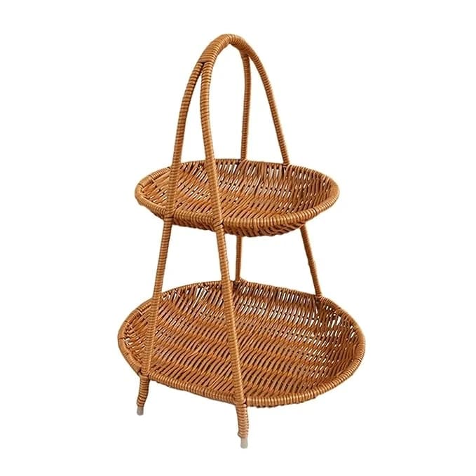 No.23 Heavy Oval Shaped Polyrattan Basket 2 Layer with Handle & Metal Wire 31x22x40cm - Walnut Brown