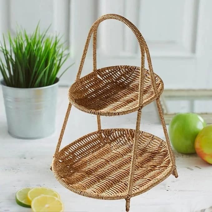 No.23 Heavy Oval Shaped Polyrattan Basket 2 Layer with Handle & Metal Wire 31x22x40cm - Walnut Brown — view 5