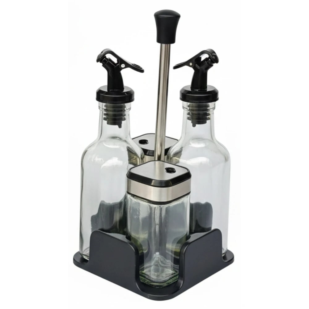 SS Glass Based Salt + Oil Bottle 200ml Set 4PP - Black
