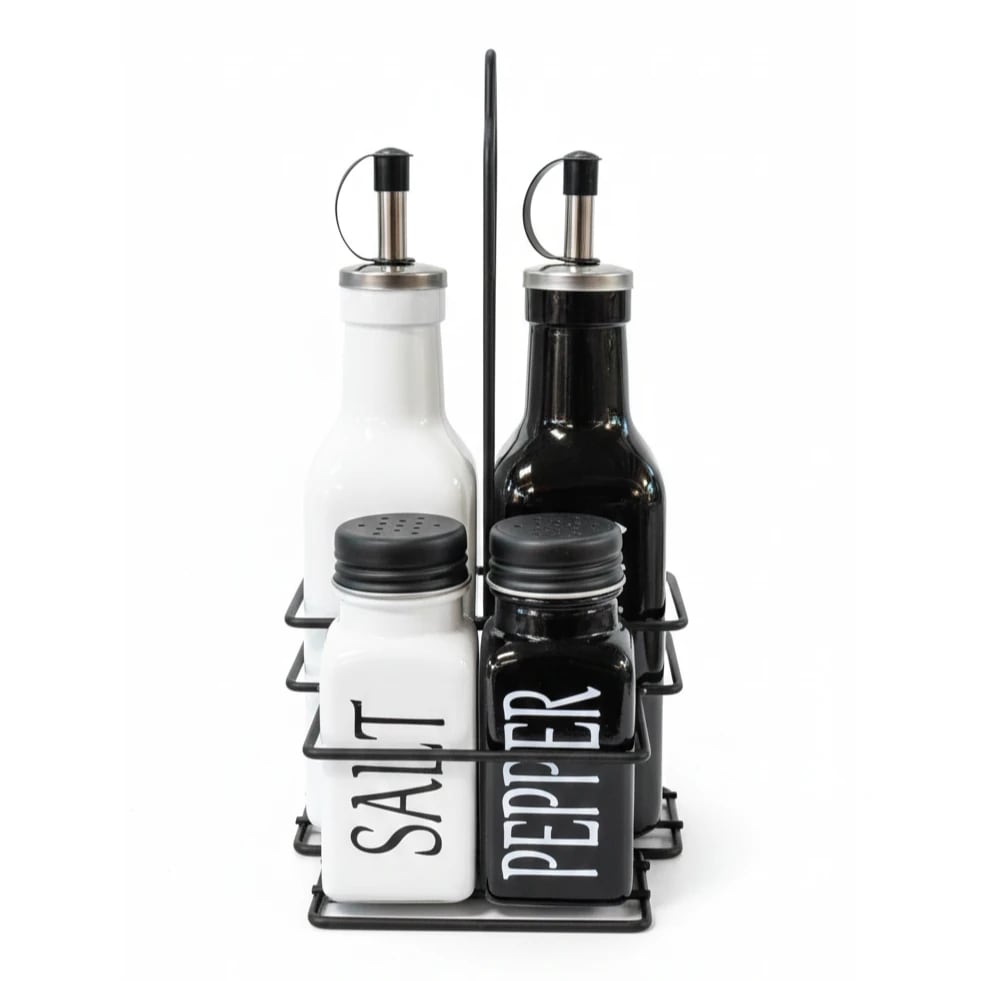 VAMA 4 in 1 Glass Oil & Spice Cannister Set with Metal Stand - White + Black