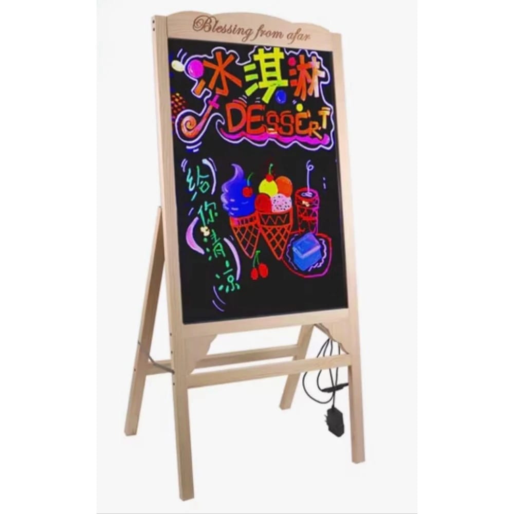 LED Writing Display Board - Wooden Lite Brown New Standing Model | Marker Set | Cleaning Cloth | Button Controller | Display Area: 50x70cm