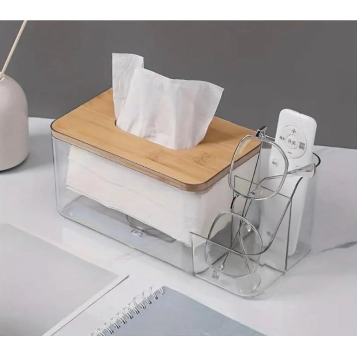 PC Tissue Holder with Inner Spring - Wooden Lid | Side Compartments — view 3