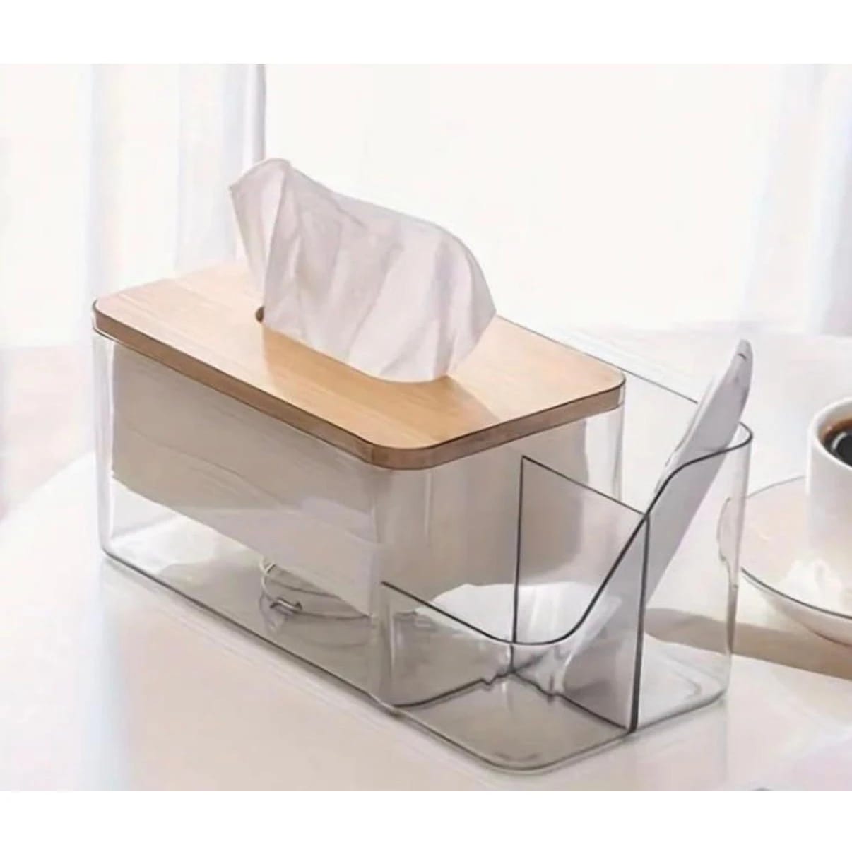 PC Tissue Holder with Inner Spring - Wooden Lid | Side Compartments — view 4