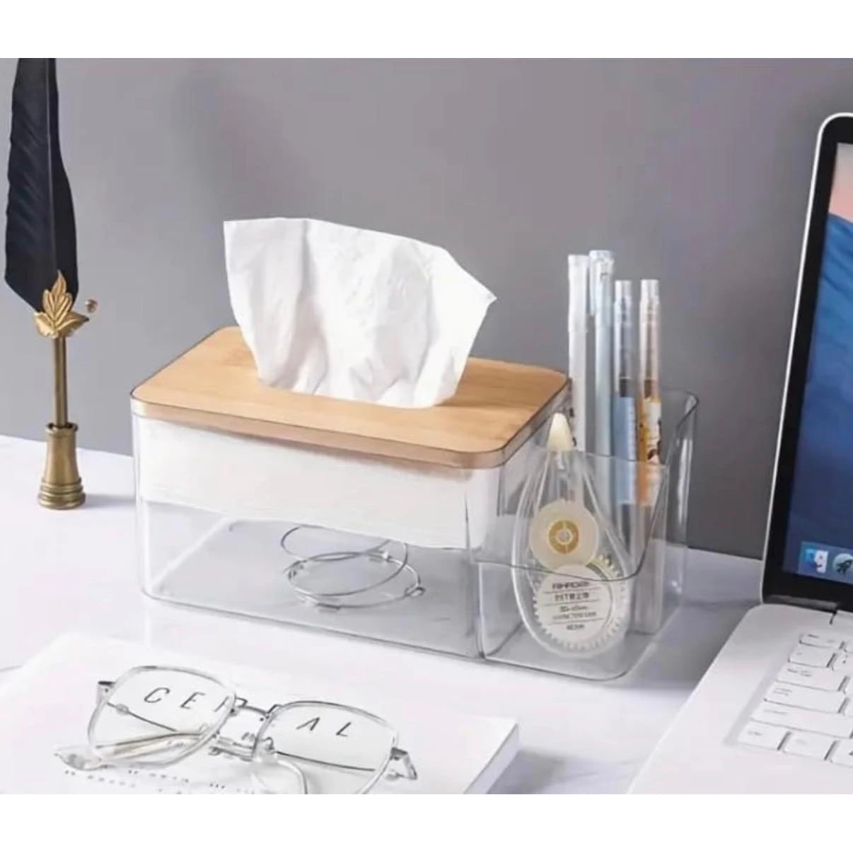 PC Tissue Holder with Inner Spring - Wooden Lid | Side Compartments — view 5