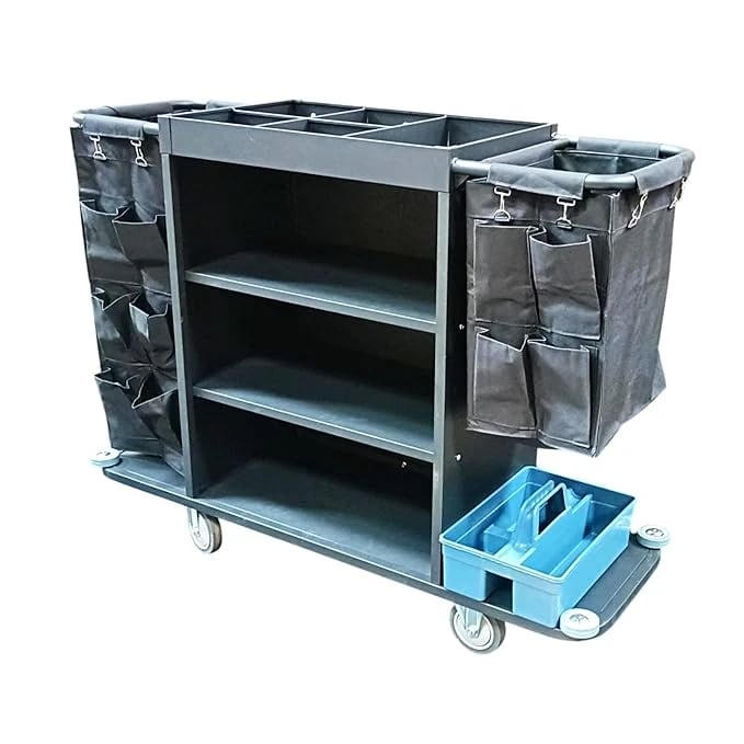 MS Black Housekeeping Trolley - Full Size with Two Sided Linen Bags with Pockets | Caddy Tool Basket | Attached SS Hangers — view 4