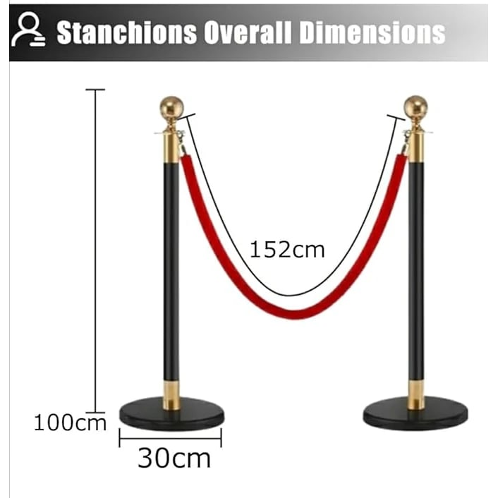 Black + Golden Queue Manager with Top Ball & Red Velvet Rope - (Loose: 2 Poles + 1 Rope ; 1 Carton: 20 Poles + 10 Ropes) | Single pc Box Packing for Poles — view 2