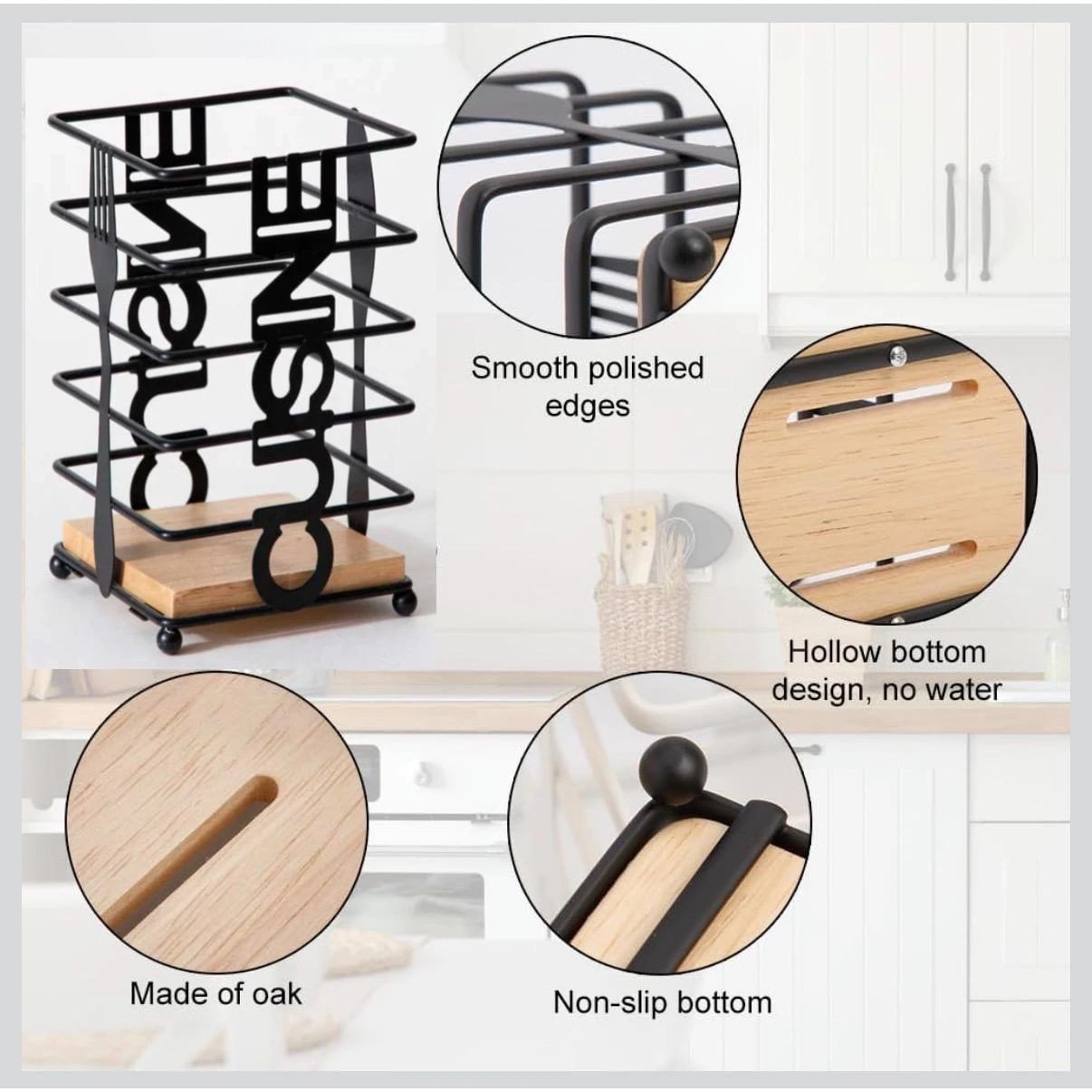 Thick Metal Wire Spoon / Fork Holder with Wooden Base - Black — view 4