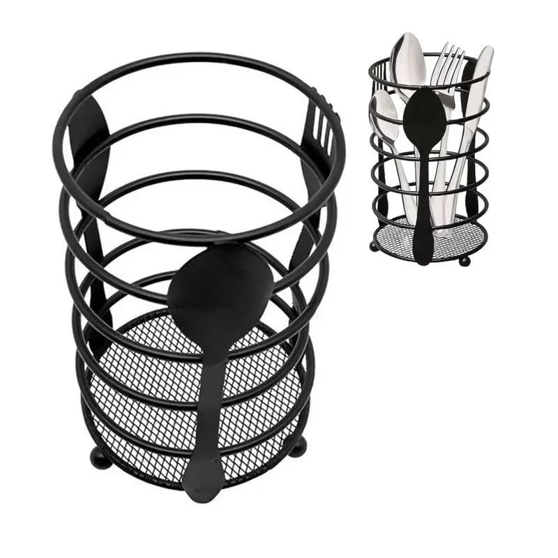 Thick Metal Wire Spoon / Fork Holder with Wooden Base - Black — view 8