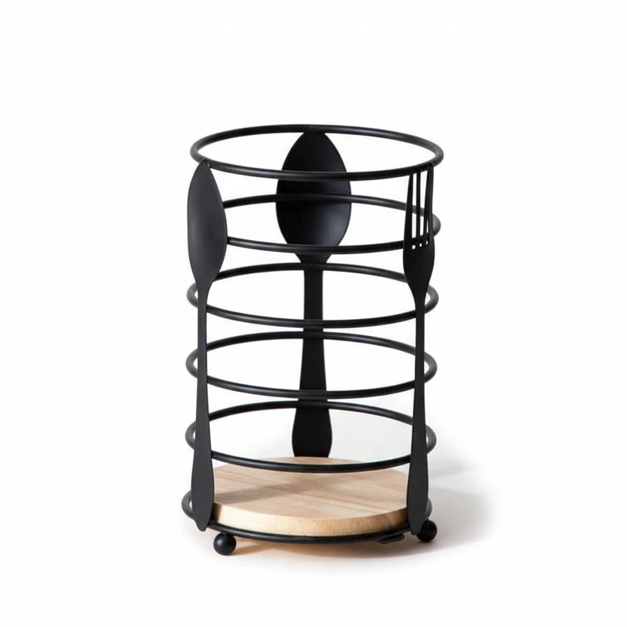 Thick Metal Wire Spoon / Fork Holder with Wooden Base - Black — view 9