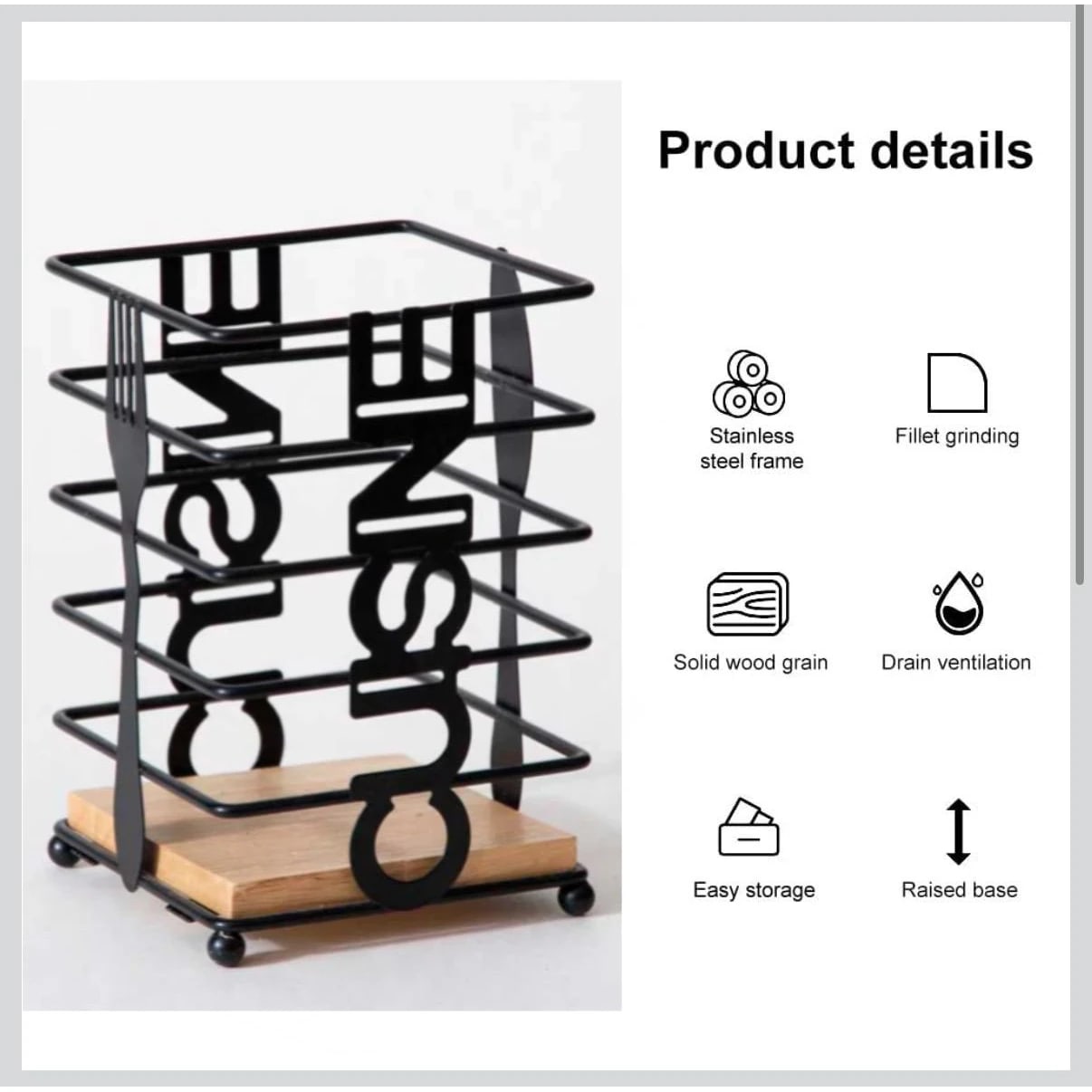 Thick Metal Wire Spoon / Fork Holder with Wooden Base - Black — view 5