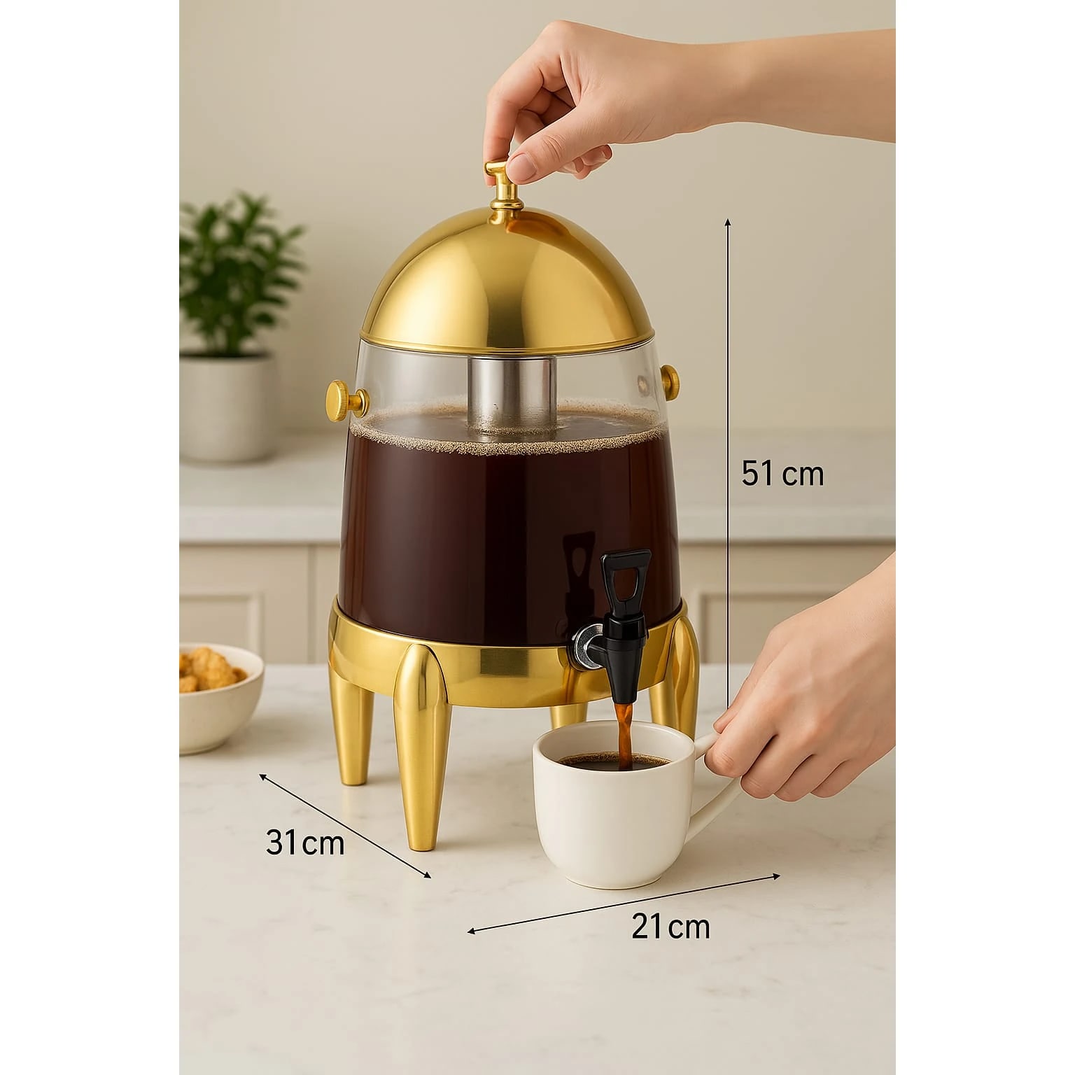 Gold Tea/Coffee/Panipuri Urn Dispenser 13L- Hot Gel Based + Cold SS Ice Stick - Dome Shaped — view 4