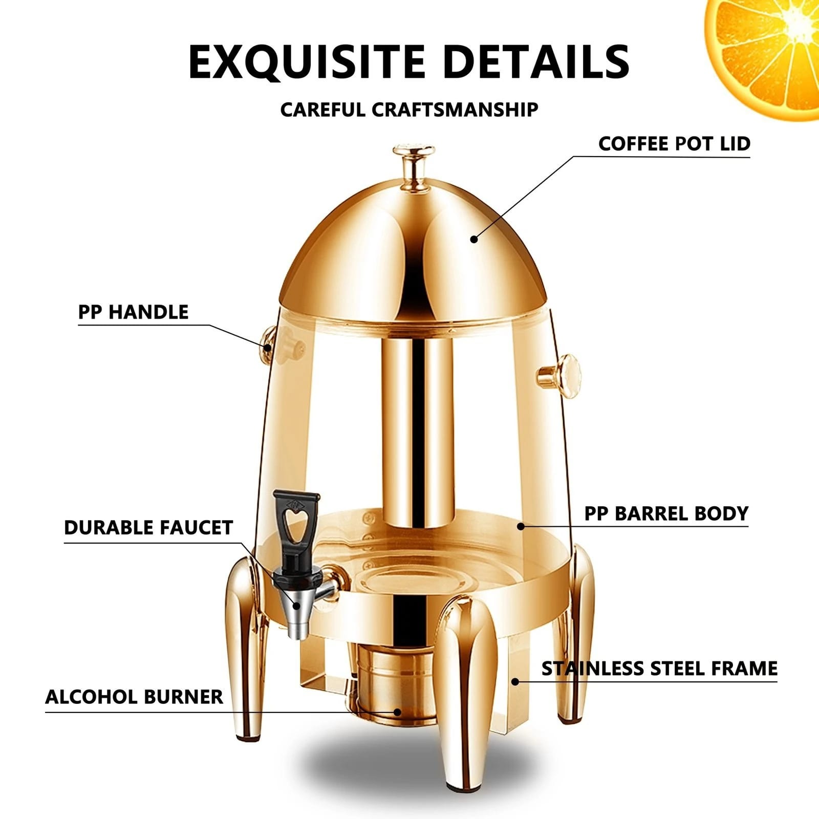 Gold Tea/Coffee/Panipuri Urn Dispenser 13L- Hot Gel Based + Cold SS Ice Stick - Dome Shaped — view 6