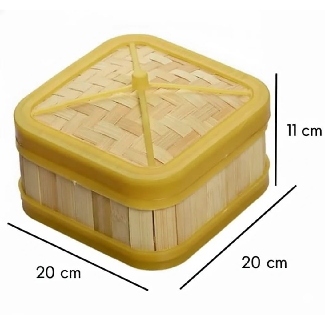 Wooden Dimsum Basket - Square | Bamboo Based with Yellow Border — view 2