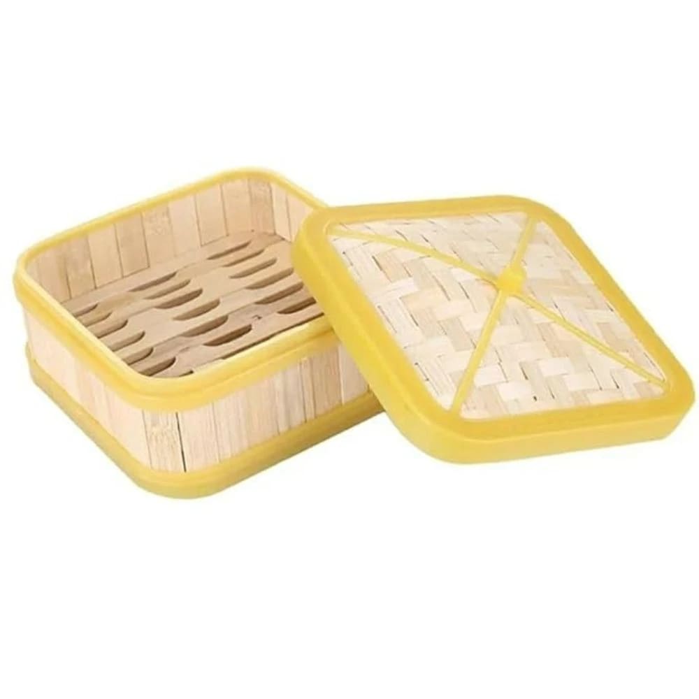 Wooden Dimsum Basket - Square | Bamboo Based with Yellow Border