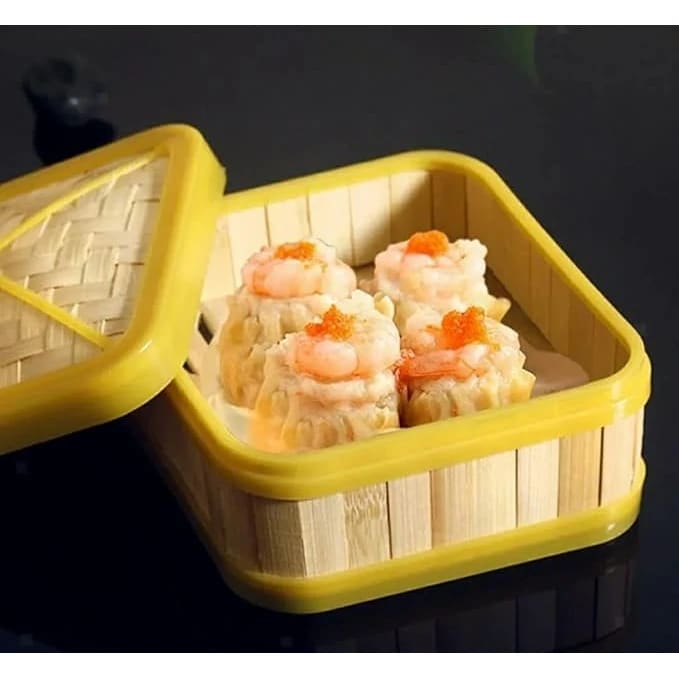 Wooden Dimsum Basket - Square | Bamboo Based with Yellow Border — view 3