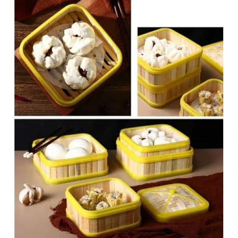 Wooden Dimsum Basket - Square | Bamboo Based with Yellow Border — view 4