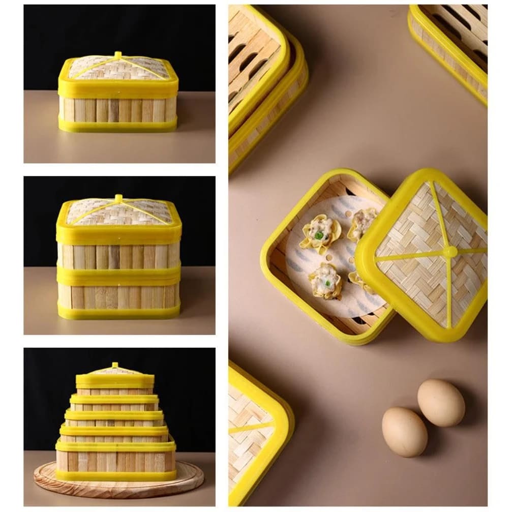 Wooden Dimsum Basket - Square | Bamboo Based with Yellow Border — view 8
