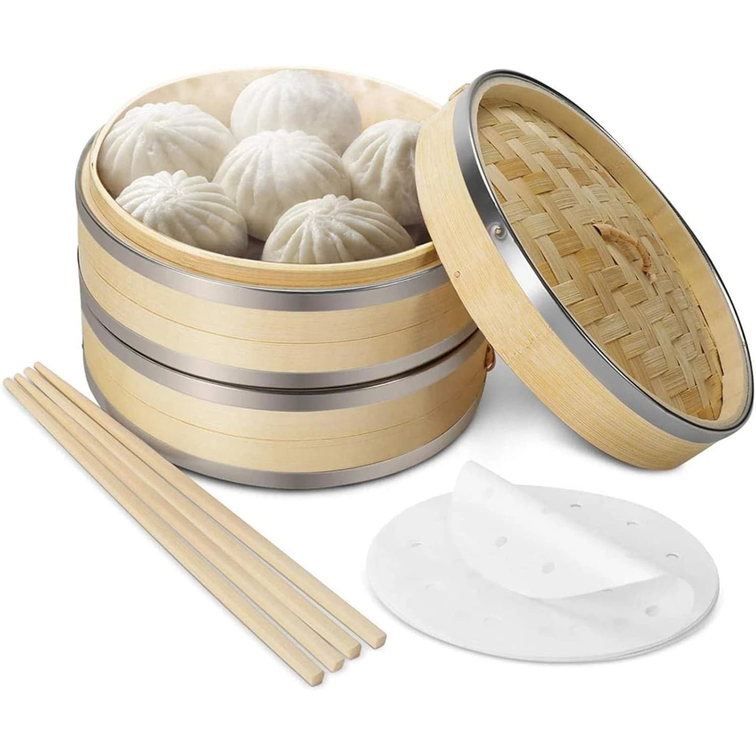 Wooden Dimsum Basket - 2 Layers with SS Border — view 3