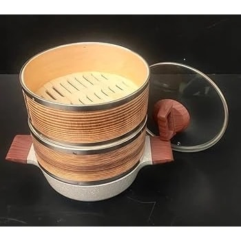 Wooden Dimsum Basket 3 Layers with SS Rings & Ceramic Kadai — view 5