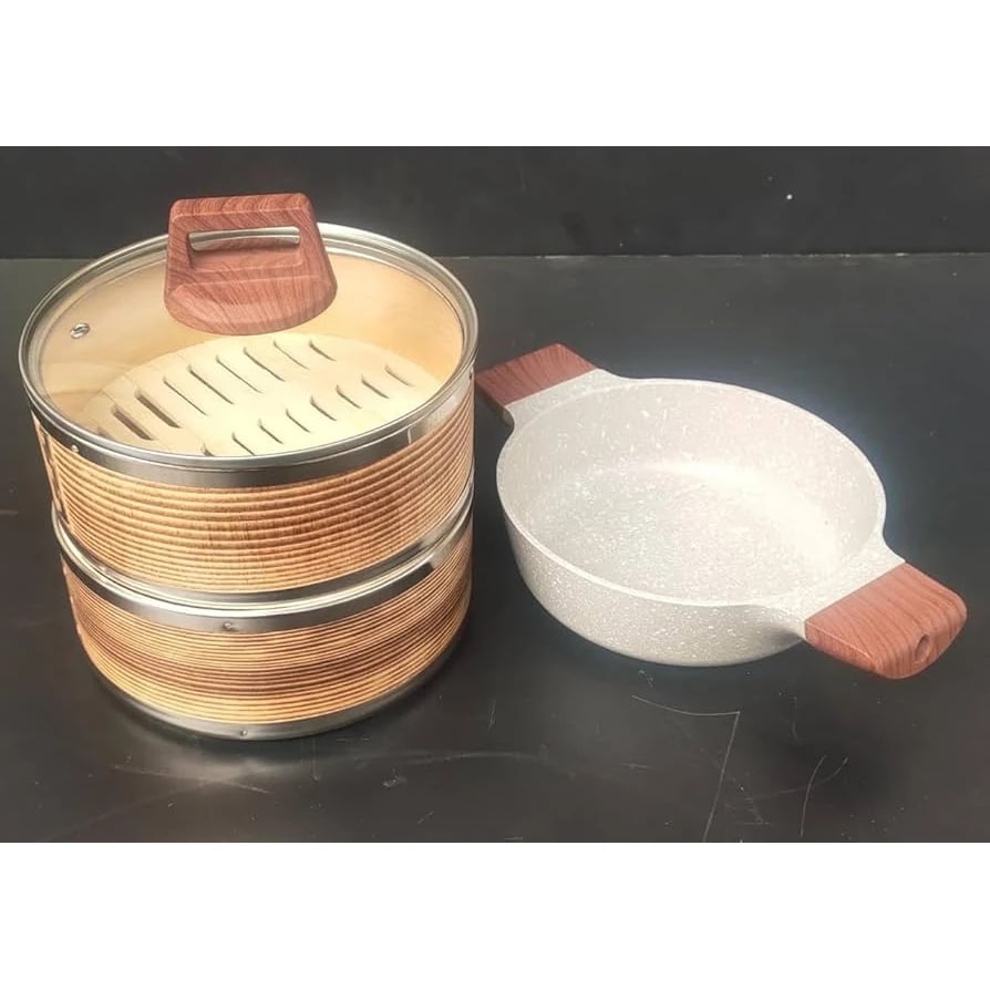 Wooden Dimsum Basket 3 Layers with SS Rings & Ceramic Kadai — view 6