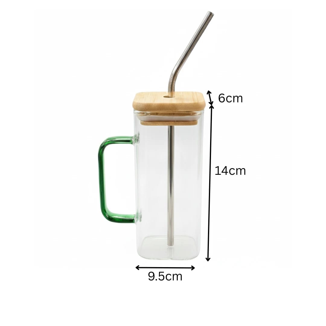 VAMA Glass Tumbler Cup with SS Straw + Cleaning Brush + Wooden Bamboo Lid - 340ml — view 2