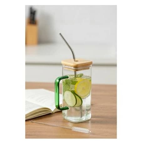 VAMA Glass Tumbler Cup with SS Straw + Cleaning Brush + Wooden Bamboo Lid - 340ml — view 3