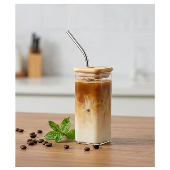 VAMA Glass Tumbler Cup with SS Straw + Cleaning Brush + Wooden Bamboo Lid - 340ml — view 4