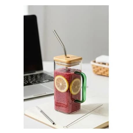 VAMA Glass Tumbler Cup with SS Straw + Cleaning Brush + Wooden Bamboo Lid - 340ml — view 5
