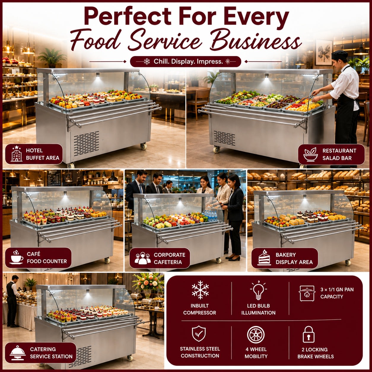 Premium Electric COLD Bain Marie Ready Counters with LED Light - Acrylic Sliding Door | Cold Inner Cabinets with Inbuilt Compressor & Exhauster | 4 Wheels (2 With & 2 Without Brakes) | Wooden Packing for Glass | (GN Pans of 1/1 150mm) — view 3