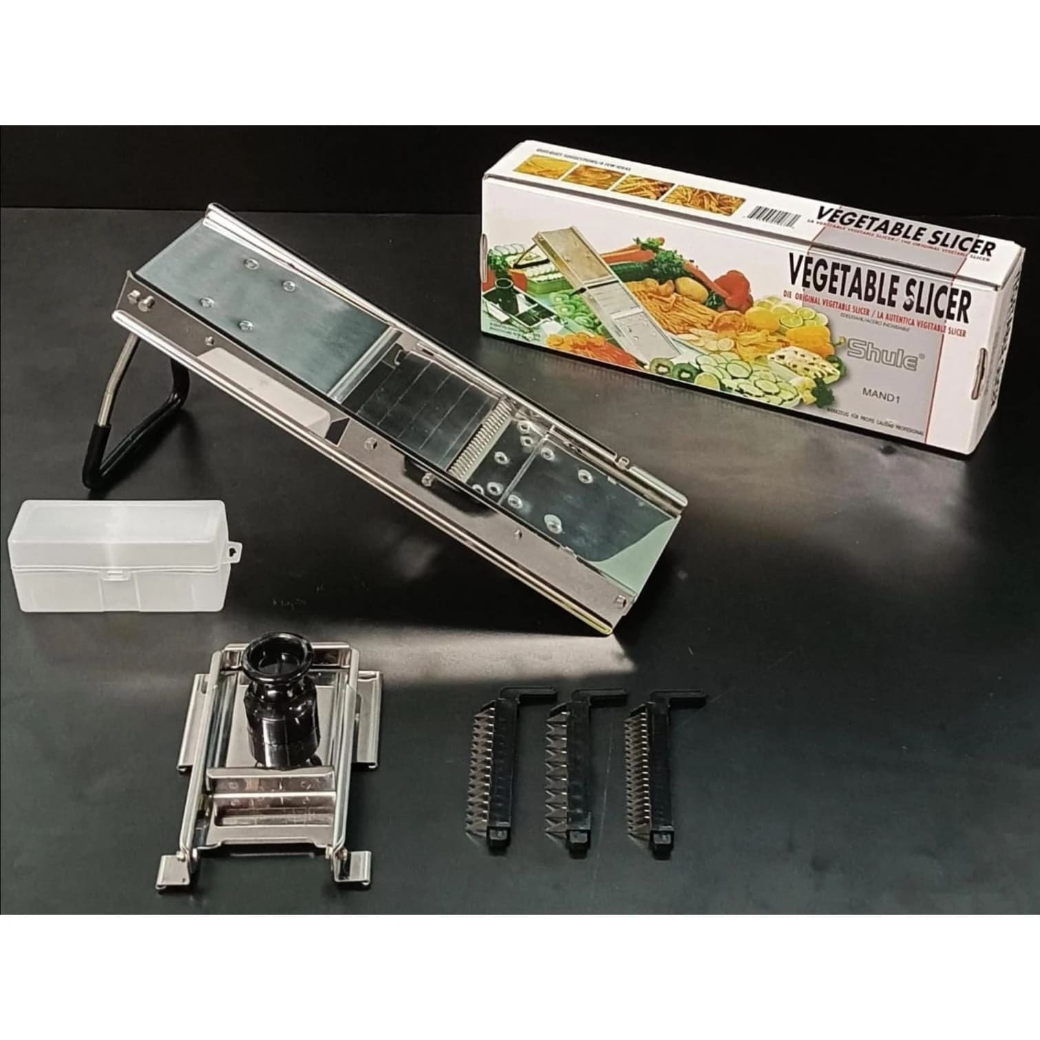 SS Super Heavy Mandoline Slicer for Slicing Vegetables with 3 Blades & 1 Plastic Container — view 9