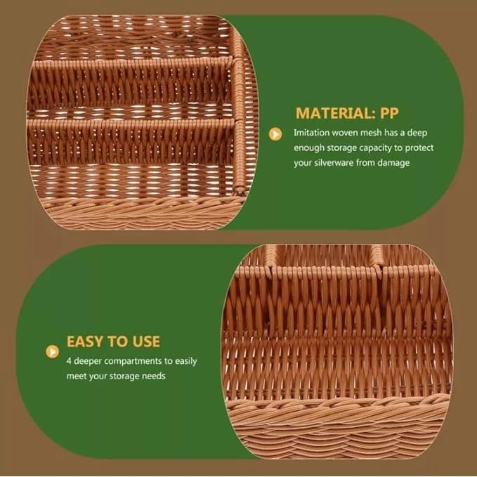 Heavy Rectangle Shaped Polyrattan Basket with 4 Compartments & Metal Wire 32x24x8cm - Walnut Brown — view 6