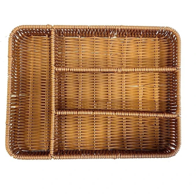 Heavy Rectangle Shaped Polyrattan Basket with 4 Compartments & Metal Wire 32x24x8cm - Walnut Brown — view 7