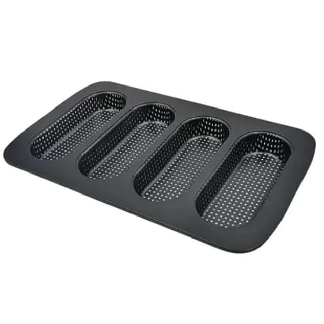 Hot Dog Shaped 4 Slots Teflon Coated Perforated Muffin Mould (Slot Size: 16.5x6x2.5cm)