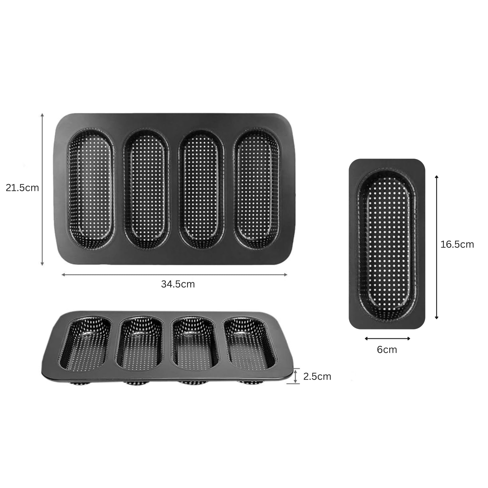 Hot Dog Shaped 4 Slots Teflon Coated Perforated Muffin Mould (Slot Size: 16.5x6x2.5cm) — view 2