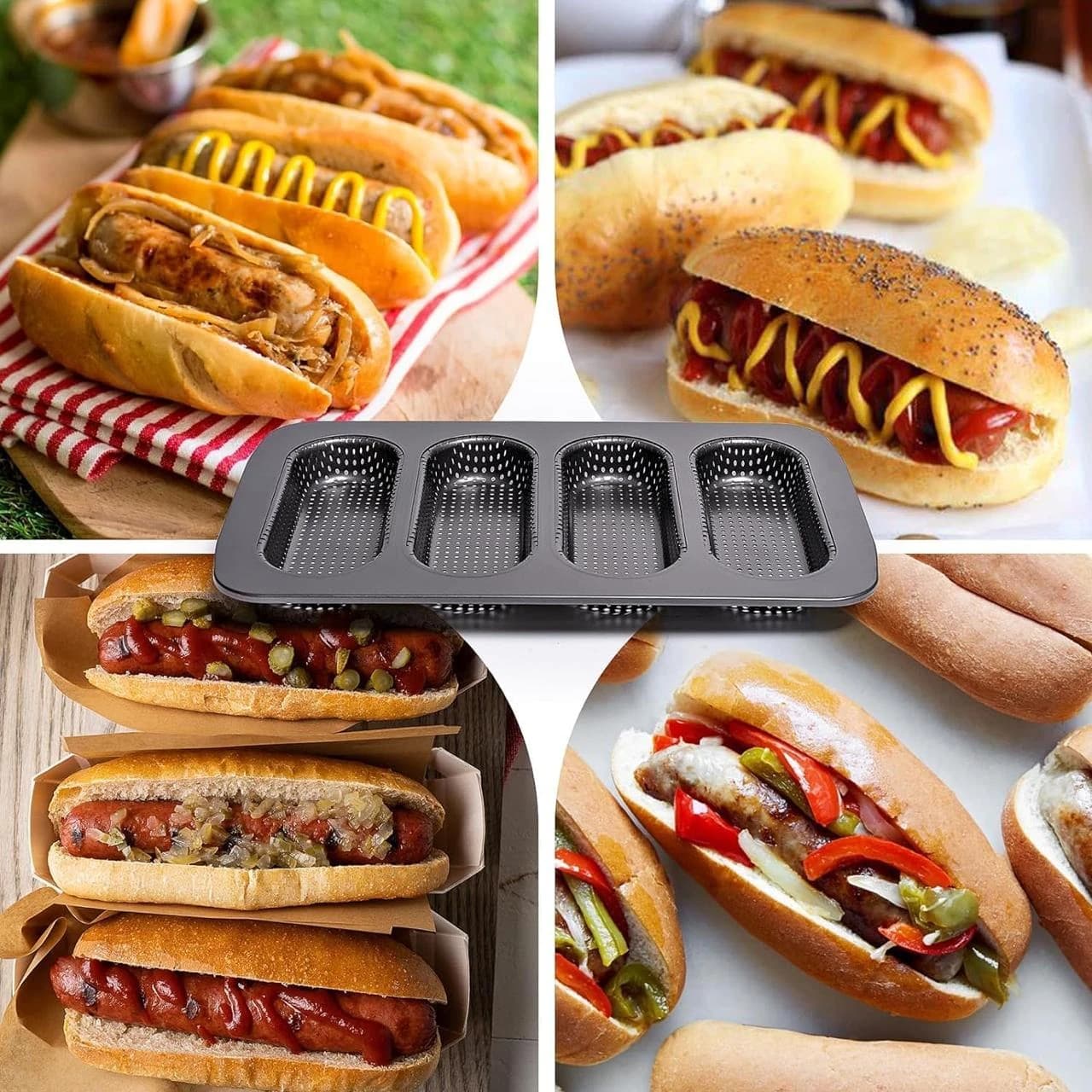 Hot Dog Shaped 4 Slots Teflon Coated Perforated Muffin Mould (Slot Size: 16.5x6x2.5cm) — view 3