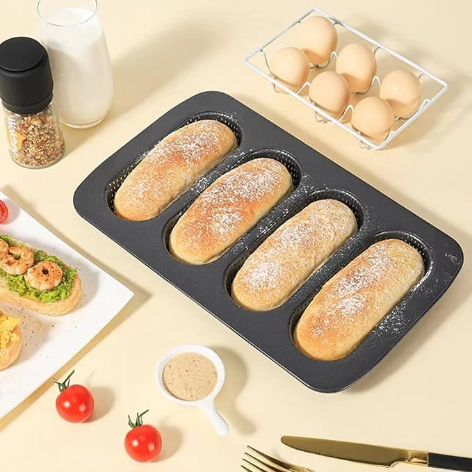 Hot Dog Shaped 4 Slots Teflon Coated Perforated Muffin Mould (Slot Size: 16.5x6x2.5cm) — view 4
