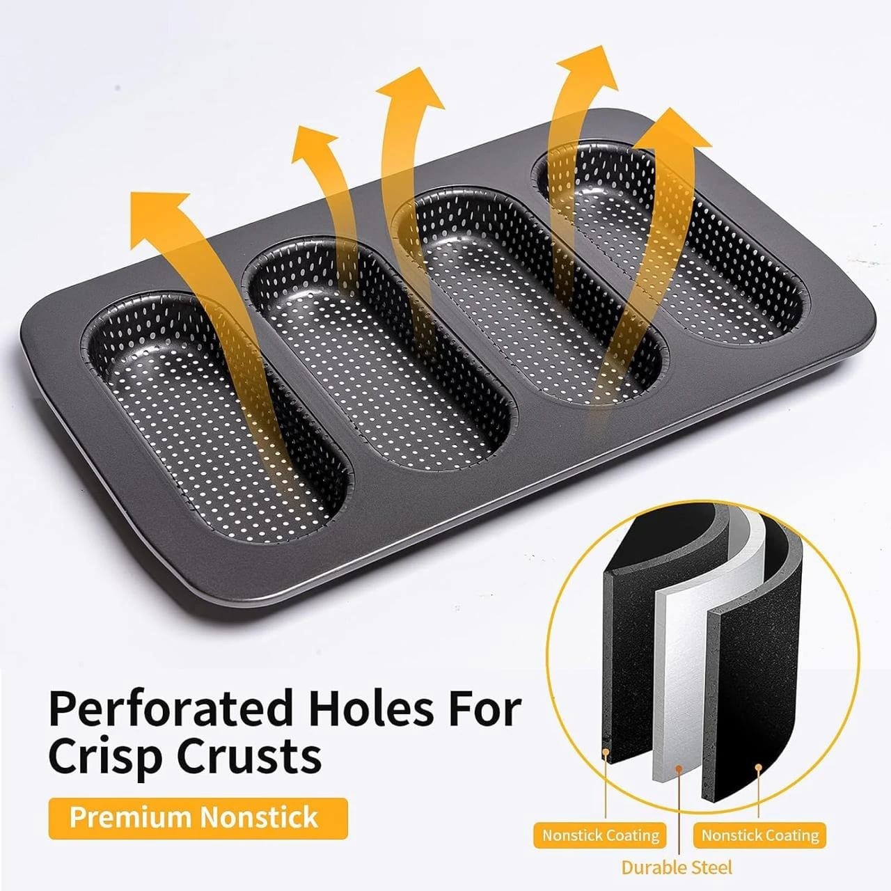 Hot Dog Shaped 4 Slots Teflon Coated Perforated Muffin Mould (Slot Size: 16.5x6x2.5cm) — view 5