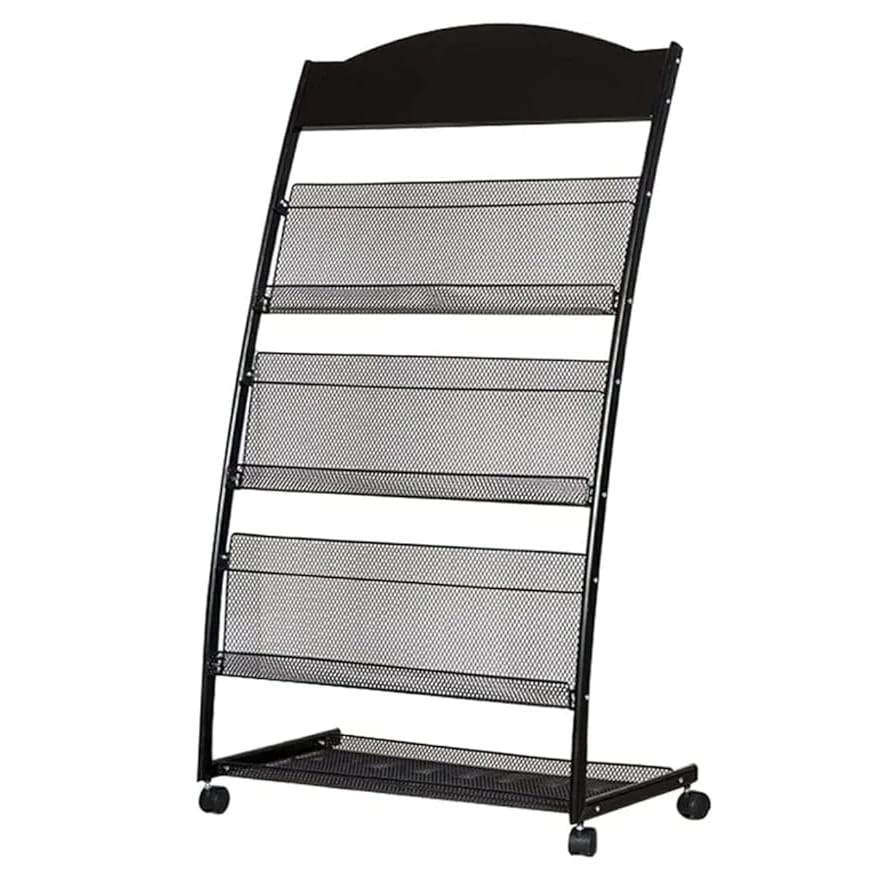 MS Black Magazine/News Paper Stand 3 Levels with Back Support & Rotating Wheels