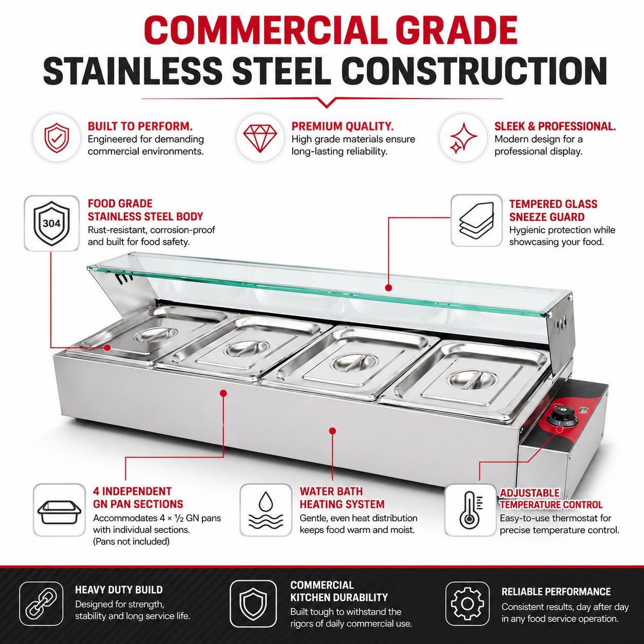 Electric Bain Marie with Glass - 4 Compartments (4 GN Pans of 1/2 100mm ~ 5.5L/Pan) — view 5