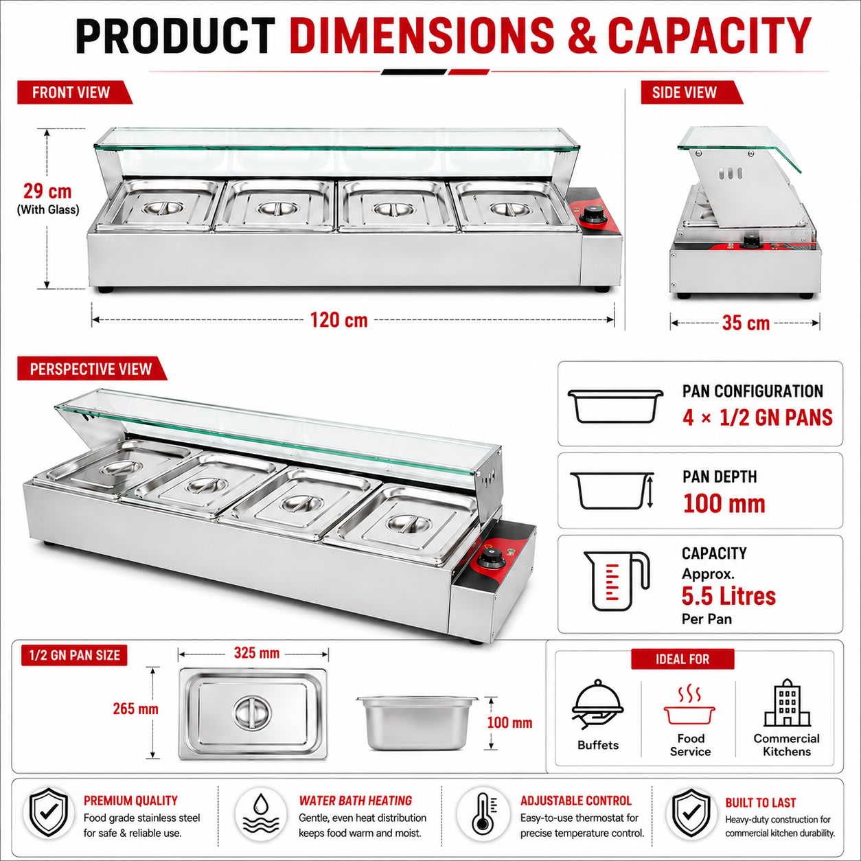 Electric Bain Marie with Glass - 4 Compartments (4 GN Pans of 1/2 100mm ~ 5.5L/Pan) — view 2