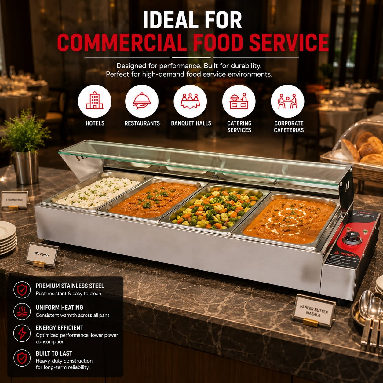 Electric Bain Marie with Glass - 4 Compartments (4 GN Pans of 1/2 100mm ~ 5.5L/Pan) — view 7