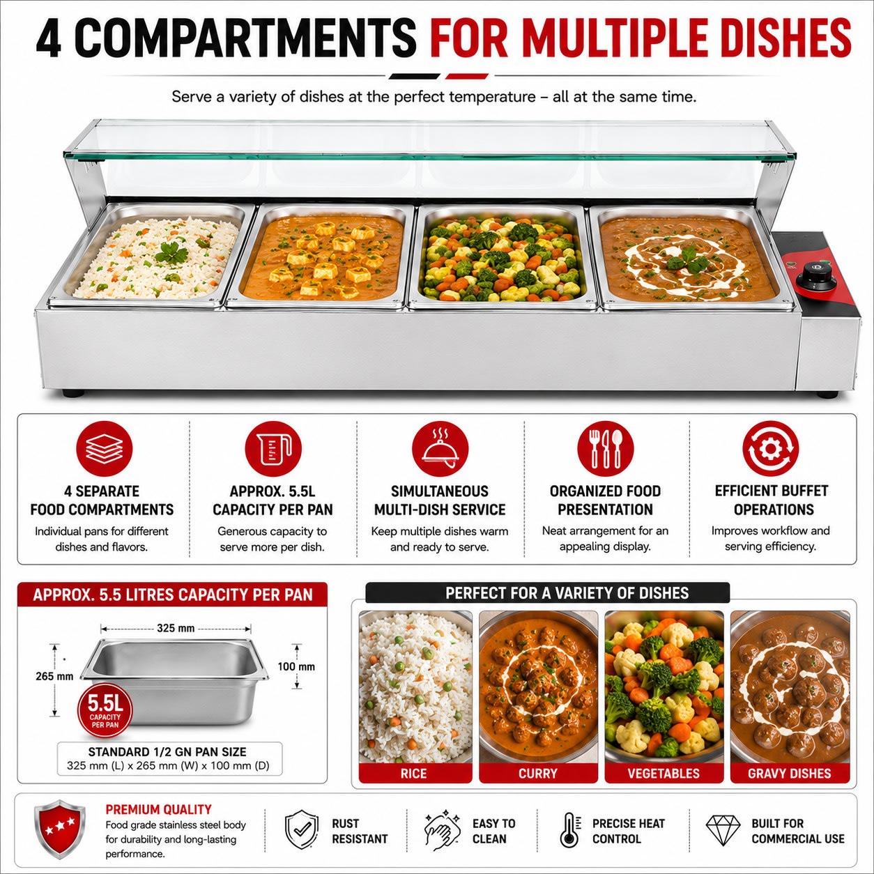 Electric Bain Marie with Glass - 4 Compartments (4 GN Pans of 1/2 100mm ~ 5.5L/Pan) — view 8