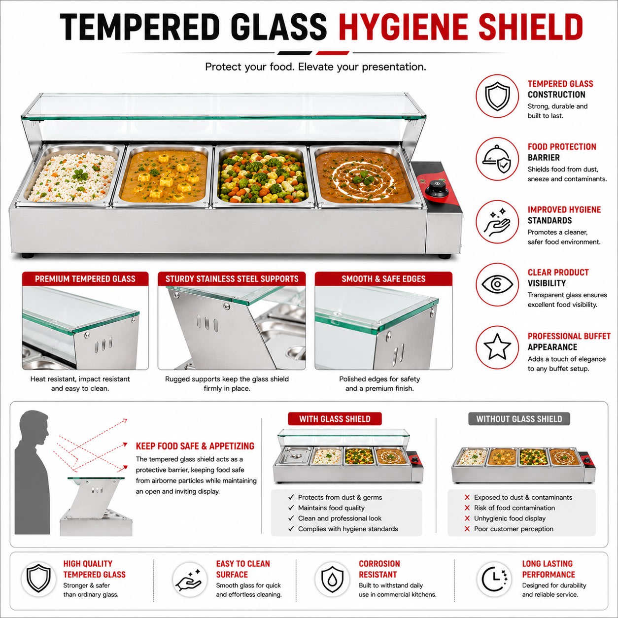 Electric Bain Marie with Glass - 4 Compartments (4 GN Pans of 1/2 100mm ~ 5.5L/Pan) — view 9