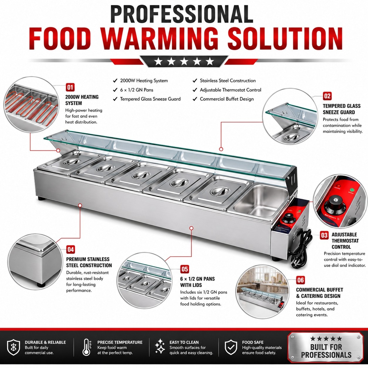Electric Bain Marie with Glass - 6 Compartments (6 GN Pans of 1/2 100mm ~ 5.5L/Pan) — view 8