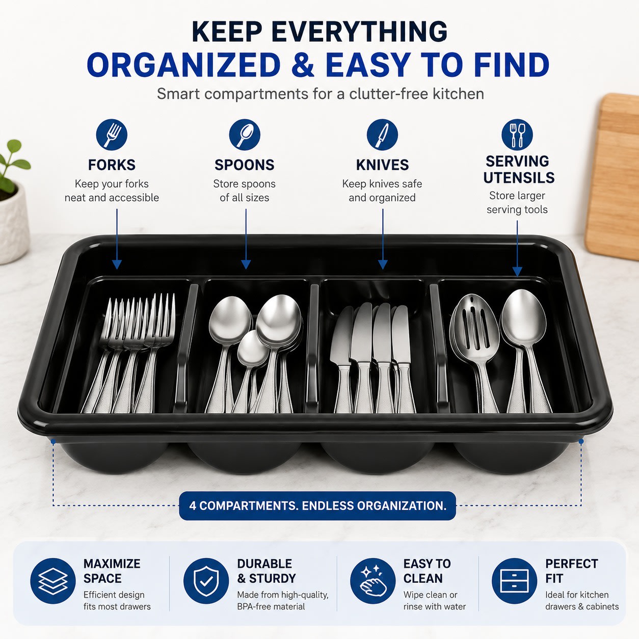 Plastic Rectangle Cutlery Holder Rack 4 Compartments — view 5